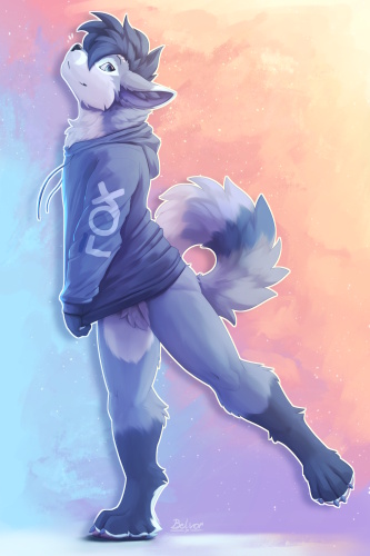 Digital drawing of a male anthropomorphic blue fox furry character wearing a hoodie with the branding FOX on the side parodying FILA