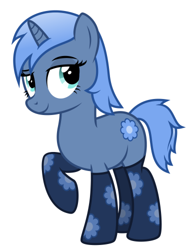 Vector-based artwork of a blue colored unicorn pony character with cyan eyes and dark blue socks.